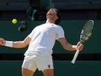 Spain's Carlos Alcaraz celebrates after beating Taylor Fritz of the US in a men's singles semifinal at the Wimbledon Tennis Championships in London, Spain's Carlos Alcaraz celebrates after beating Taylor Fritz of the US in a men's singles semifinal at the Wimbledon Tennis Championships in London,