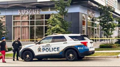 A police vehicle stationed outside Kap’s Café, a newly opened restaurant owned by Indian comedian and actor Kapil Sharma on Thursday. (PTI) A police vehicle stationed outside Kap’s Café, a newly opened restaurant owned by Indian comedian and actor Kapil Sharma on Thursday. (PTI)