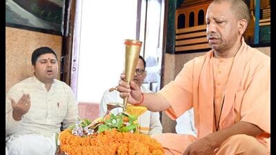 CM Yogi Adityanath at the Gorakhnath Temple in Gorakhpur on Friday. (Sourced)