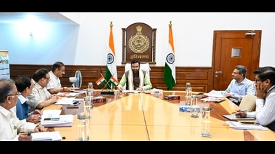 Haryana chief minister Nayab Singh Saini in a meeting in Chandigarh on Friday. (Sourced)
