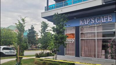 Kap’s Cafe in Surrey, British Columbia, which was fired at by unknown persons in the early hours of Thursday. (Sameer Kaushal/NewsDerby)