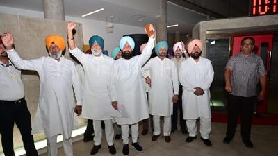Leader of opposition Partap Singh Bajwa (centre) raising slogans along with other Congress MLAs after they walked out of the Punjab assembly in Chandigarh on Friday. (Ravi Kumar/HT) Leader of opposition Partap Singh Bajwa (centre) raising slogans along with other Congress MLAs after they walked out of the Punjab assembly in Chandigarh on Friday. (Ravi Kumar/HT)
