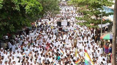 Mumbai--- 90-year-old Jain temple demolished in Mumbai's Vile Parle, Jain community holds protest rally at Vile Pare in Mumbai, India. HT Photo Mumbai--- 90-year-old Jain temple demolished in Mumbai's Vile Parle, Jain community holds protest rally at Vile Pare in Mumbai, India. HT Photo