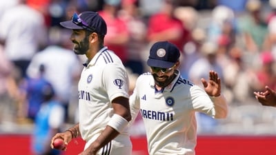 India's Ravindra Jadeja, right, pretends to hit Jasprit Bumrah in jest (PTI) India's Ravindra Jadeja, right, pretends to hit Jasprit Bumrah in jest (PTI)