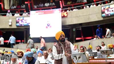 Punjab chief minister Bhagwant Mann speaking on the second day of the special session of the assembly in Chandigarh on Friday. (Ravi Kumar/HT) Punjab chief minister Bhagwant Mann speaking on the second day of the special session of the assembly in Chandigarh on Friday. (Ravi Kumar/HT)