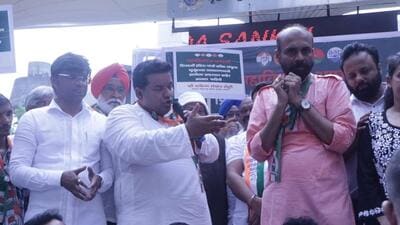 The members of Maharashtra Vikas Aghadi staged a protest outside the Kalidas swimming pool on July 11 The members of Maharashtra Vikas Aghadi staged a protest outside the Kalidas swimming pool on July 11