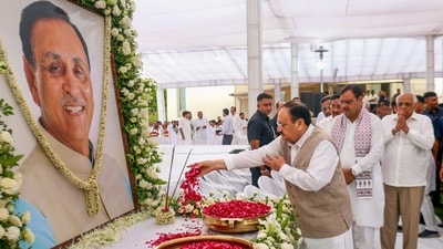 Union Minister and BJP National President JP Nadda pays tribute to former Gujarat chief minister Vijay Rupani, who died in the Ahmedabad Air India plane crash (PTI) Union Minister and BJP National President JP Nadda pays tribute to former Gujarat chief minister Vijay Rupani, who died in the Ahmedabad Air India plane crash (PTI)
