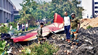 Wreckage of the Air India flight 171 along with debris at the crash site in Ahmedabad. (Bloomberg) Wreckage of the Air India flight 171 along with debris at the crash site in Ahmedabad. (Bloomberg)
