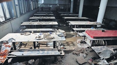 Inside of the BJ medical college hostel mess after the Air India 171 aircraft crashed into the building, in Ahmedabad. (Reuters) Inside of the BJ medical college hostel mess after the Air India 171 aircraft crashed into the building, in Ahmedabad. (Reuters)