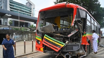 The BEST bus and truck accident on Western Express Highway near Vanrai Police Station, five passengers injured in Mumbai. (Satish Bate/ HT Photo)
