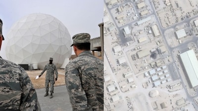 Satellite images by Planet Labs PBC (left) on June 25 show that the dome (right) is gone, with damage to the nearby building. (AP/ via US Air Force) Satellite images by Planet Labs PBC (left) on June 25 show that the dome (right) is gone, with damage to the nearby building. (AP/ via US Air Force)