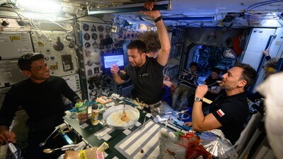 Astronaut Jonny Kim shared joyful photos of Shubhanshu Shukla enjoying the meal and laughing in microgravity. (X/@JonnyKimUSA) Astronaut Jonny Kim shared joyful photos of Shubhanshu Shukla enjoying the meal and laughing in microgravity. (X/@JonnyKimUSA)