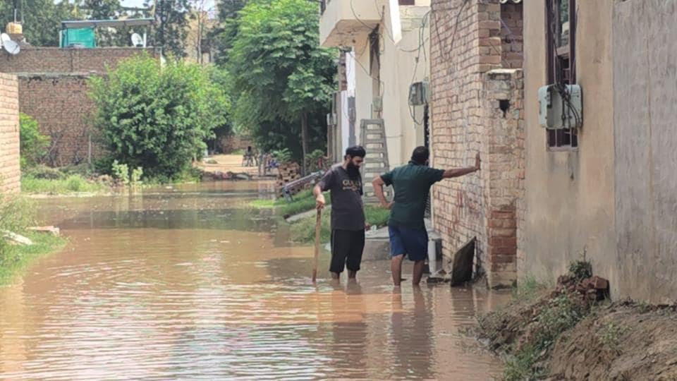 Residents of Sai Nagar locality of Bathinda town surveying the damage due to the flooding on Friday morning. (Sanjeev Kumar/HT) Residents of Sai Nagar locality of Bathinda town surveying the damage due to the flooding on Friday morning. (Sanjeev Kumar/HT)