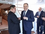 Russian Foreign Minister Sergei Lavrov (C) shaking hands with North Korean leader Kim Jong Un (L) in Wonsan on July 12, 2025. Russian Foreign Minister Sergei Lavrov (C) shaking hands with North Korean leader Kim Jong Un (L) in Wonsan on July 12, 2025.