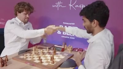 D Gukesh after his Rapid win vs Magnus Carlsen. (Twitter) D Gukesh after his Rapid win vs Magnus Carlsen. (Twitter)
