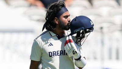KL Rahul celebrates his tenth Test century, brought up right after lunch. This was his fourth in England, and second at Lord's, as he played a faultless innings of complete control, but not one he could convert into a really big one. (BCCI-X) KL Rahul celebrates his tenth Test century, brought up right after lunch. This was his fourth in England, and second at Lord's, as he played a faultless innings of complete control, but not one he could convert into a really big one. (BCCI-X)