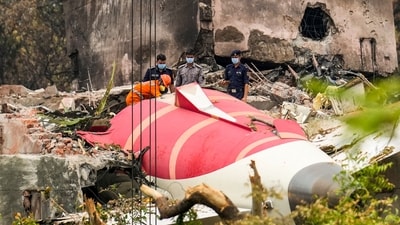 Ahmedabad: Wreckage of the crashed Air India plane being lifted through a crane, in Ahmedabad, Gujarat, Saturday, June 14, 2025. (PTI) Ahmedabad: Wreckage of the crashed Air India plane being lifted through a crane, in Ahmedabad, Gujarat, Saturday, June 14, 2025. (PTI)