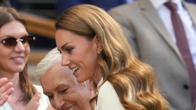 Kate greets tennis legend Martina Navratilova in the Royal Box on Centre Court ahead of the women's singles final at the Wimbledon Tennis Championships in London, Saturday, July 12, 2025. (AP Photo/Kin Cheung) (AP) Kate greets tennis legend Martina Navratilova in the Royal Box on Centre Court ahead of the women's singles final at the Wimbledon Tennis Championships in London, Saturday, July 12, 2025. (AP Photo/Kin Cheung) (AP)