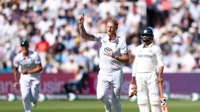Ben Stokes celebrates the wicket of Nitish Kumar Reddy. The English captain bowled his heart out with a couple of extended spells, bending his back and finding real purchase from an otherwise docile Lord's surface. Rewarded with the wicket of Jadeja as well. (Action Images via Reuters)