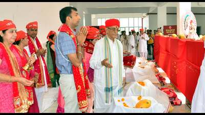 During the poojan rituals, Anshul Garg, chief executive officer, Shri Mata Vaishno Devi Shrine Board, stated that as per the board’s 75th meeting directives under the chairmanship of lieutenant governor Manoj Sinha, five temples will be dedicated on July 13 across distinct villages of Reasi district namely Gorta Kalika Sathaan, village-Harotkote; Pancheri Galli, village-Dangakote; Tote Devsthan, village-Tote; village-Devigarh of tehsil Bhomag and village-Chasana. (HT Phoro) During the poojan rituals, Anshul Garg, chief executive officer, Shri Mata Vaishno Devi Shrine Board, stated that as per the board’s 75th meeting directives under the chairmanship of lieutenant governor Manoj Sinha, five temples will be dedicated on July 13 across distinct villages of Reasi district namely Gorta Kalika Sathaan, village-Harotkote; Pancheri Galli, village-Dangakote; Tote Devsthan, village-Tote; village-Devigarh of tehsil Bhomag and village-Chasana. (HT Phoro)