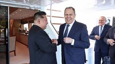 Russian Foreign Minister Sergei Lavrov (C) shaking hands with North Korean leader Kim Jong Un (L) in Wonsan on July 12, 2025. (AFP) Russian Foreign Minister Sergei Lavrov (C) shaking hands with North Korean leader Kim Jong Un (L) in Wonsan on July 12, 2025. (AFP)