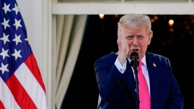 US President Donald Trump speaks on the Truman balcony during a signing ceremony for the One Big Beautiful Bill Act (Bloomberg)