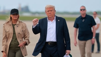 Trump traveled to Texas one week after flash flooding along the Guadalupe River swept through cities, mobile home parks and summer camps, killing 120 people. Ninety-six of those killed were in Kerr County, where the toll includes at least 36 children. (Getty Images via AFP) Trump traveled to Texas one week after flash flooding along the Guadalupe River swept through cities, mobile home parks and summer camps, killing 120 people. Ninety-six of those killed were in Kerr County, where the toll includes at least 36 children. (Getty Images via AFP)