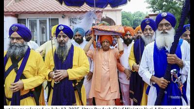 Uttar Pradesh chief minister Yogi Adityanath during the flagging-off of UP-Delhi ‘Balidan Sandesh Yatra’ in Lucknow on Saturday. (PTI) Uttar Pradesh chief minister Yogi Adityanath during the flagging-off of UP-Delhi ‘Balidan Sandesh Yatra’ in Lucknow on Saturday. (PTI)