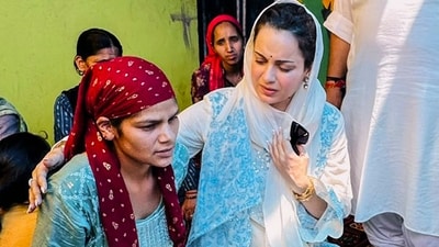 BJP MP Kangana Ranaut interacts with locals as she visits a flood-affected area, in Mandi district, Monday, July 7. (PTI) BJP MP Kangana Ranaut interacts with locals as she visits a flood-affected area, in Mandi district, Monday, July 7. (PTI)