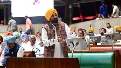 CM Bhagwant Mann speaking during the Punjab Vidhan Sabha session in Chandigarh on Friday. (Ravi Kumar/HT Photo) CM Bhagwant Mann speaking during the Punjab Vidhan Sabha session in Chandigarh on Friday. (Ravi Kumar/HT Photo)