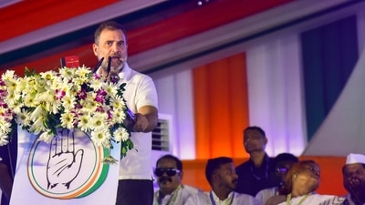 Congress leader and LoP in Lok Sabha Rahul Gandhi speaks during the party's 'Samvidhan Bachao Samavesh' rally, in Bhubaneswar, Friday, July 11 (PTI)