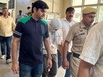 A team from Sector-56 police station produced Radhika Yadav's father Deepak Yadav in the district court and sent him to 14-day judicial custody in Gurugram on Saturday. (HT PHOTO)
