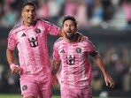 Inter Miami forward Lionel Messi, right, celebrates with Luis Suarez, left, after scoring a goal. Inter Miami forward Lionel Messi, right, celebrates with Luis Suarez, left, after scoring a goal.