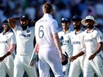 England's Zak Crawley talks with India's Shubman Gill, Jasprit Bumrah and Mohammed Siraj at the end of day 3 