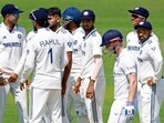 England's Harry Brook looks dejected and walks back to the pavilion after losing his wicket, bowled out by India's Akash Deep 