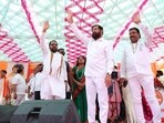 Eknath Shinde (centre) with union minister of state and Buldhana MP Prataprao Jadhav (left) and Buldhana MLA Sanjay Gaikwad (right).