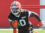 Cleveland Browns running back Quinshon Judkins (10) runs with the ball during rookie minicamp at CrossCountry Mortgage Campus