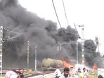 Visuals from the spot showed a diesel tanker on the freight train engulfed in massive flames, with thick black smoke rising from the blaze.