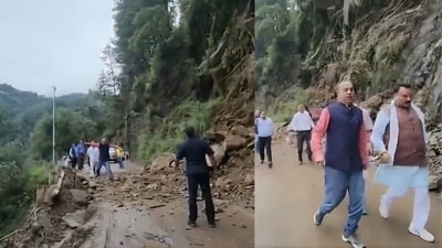 Himachal LoP Jairam Thakur narrowly escapes falling debris during Mandi visit (ANI, Screengrab from PTI video)