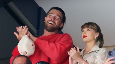 Travis Kelce's response to a fan praising Taylor Swift at the American Century Championship went viral. (Photo by BRUCE BENNETT / GETTY IMAGES NORTH AMERICA / Getty Images via AFP) (Getty Images via AFP) Travis Kelce's response to a fan praising Taylor Swift at the American Century Championship went viral. (Photo by BRUCE BENNETT / GETTY IMAGES NORTH AMERICA / Getty Images via AFP) (Getty Images via AFP)
