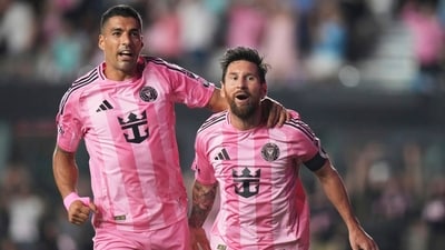 Inter Miami forward Lionel Messi, right, celebrates with Luis Suarez, left, after scoring a goal. (AP) Inter Miami forward Lionel Messi, right, celebrates with Luis Suarez, left, after scoring a goal. (AP)