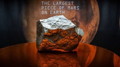 The meteorite NWA 16788, the largest known piece of Mars on Earth, is displayed in Sotheby’s Natural History auction in New York City. (Reuters)