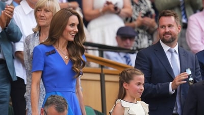 Britain's Kate, Princess of Wales, left, and Princess Charlotte arrive to watch Jannik Sinner of Italy and Carlos Alcaraz of Spain during their men's singles final match at the Wimbledon Tennis Championships in London, Sunday, July 13, 2025.(AP Photo/Kirsty Wigglesworth) (AP) Britain's Kate, Princess of Wales, left, and Princess Charlotte arrive to watch Jannik Sinner of Italy and Carlos Alcaraz of Spain during their men's singles final match at the Wimbledon Tennis Championships in London, Sunday, July 13, 2025.(AP Photo/Kirsty Wigglesworth) (AP)