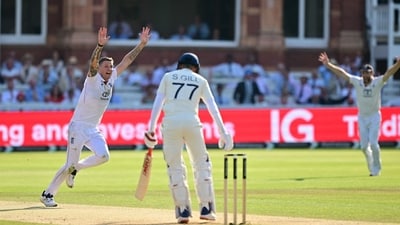 Brydon Carse wheels off celebrating the LBW of Shubman Gill. England's late wickets brought them right back into the game, if not just ahead. (AFP) Brydon Carse wheels off celebrating the LBW of Shubman Gill. England's late wickets brought them right back into the game, if not just ahead. (AFP)