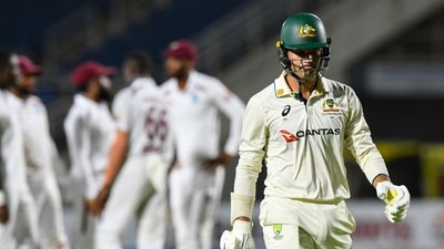 Alex Carey of Australia walks off the field dismissed by Justin Greaves of West Indies. (AFP) Alex Carey of Australia walks off the field dismissed by Justin Greaves of West Indies. (AFP)