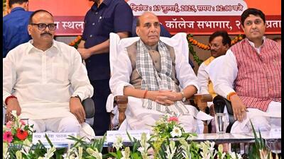 Defence minister Rajnath Singh (centre), UP deputy CM Brajesh Pathak (left) and president, Motilal Memorial Society, Kunwar Ujjwal Raman Singh, who is the Congress MP from Prayagraj, at an event in Lucknow on July 13. (Sourced)