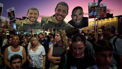Relatives and supporters of Israeli hostages held in the Gaza Strip attend a rally demanding their release from Hamas captivity and calling for an end to the war. (AP) Relatives and supporters of Israeli hostages held in the Gaza Strip attend a rally demanding their release from Hamas captivity and calling for an end to the war. (AP)