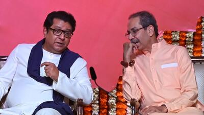 Mumbai, India, July 05, 2025: Raj Thackeray, Chief of the Maharashtra Navnirman Sena (MNS), and Uddhav Thackeray, Chief of Shiv Sena (UBT), reunited after 20 years at a public rally at NSCI Dome, Worli in Mumbai. The event, titled "Awaj Marathicha" (Voice of the Marathi), was jointly organised by Shiv Sena (UBT) and MNS to mark the withdrawal of government resolutions (GRs) related to the three-language policy in primary schools. Mumbai, India. 05, 2025. (Photo by Raju Shinde/HT Photo) (Raju Shinde) Mumbai, India, July 05, 2025: Raj Thackeray, Chief of the Maharashtra Navnirman Sena (MNS), and Uddhav Thackeray, Chief of Shiv Sena (UBT), reunited after 20 years at a public rally at NSCI Dome, Worli in Mumbai. The event, titled "Awaj Marathicha" (Voice of the Marathi), was jointly organised by Shiv Sena (UBT) and MNS to mark the withdrawal of government resolutions (GRs) related to the three-language policy in primary schools. Mumbai, India. 05, 2025. (Photo by Raju Shinde/HT Photo) (Raju Shinde)