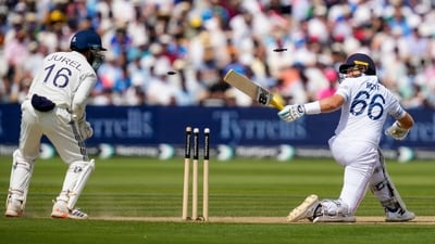 Joe Root held the keys as far as England were concerned, and he looked good for much of the afternoon session — but he overextended with this attempted sweep, and was bowled around his legs. (PTI) Joe Root held the keys as far as England were concerned, and he looked good for much of the afternoon session — but he overextended with this attempted sweep, and was bowled around his legs. (PTI)