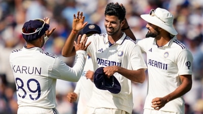 London: India's bowler Washington Sundar celebrates with teammates after taking the wicket of England's batter Shoaib Bashir (PTI) London: India's bowler Washington Sundar celebrates with teammates after taking the wicket of England's batter Shoaib Bashir (PTI)